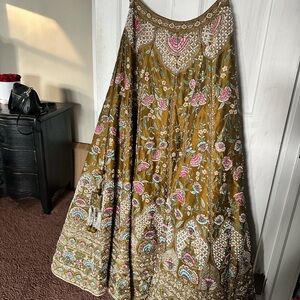 Embroidered Floral mehndi green lehenga - Multicolor